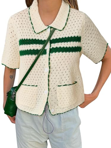 Yousify Womens Casual Summer Short Sleeve Sweaters Button Down Crochet Knit Tops 2026 Loose Cute ... | Amazon (US)