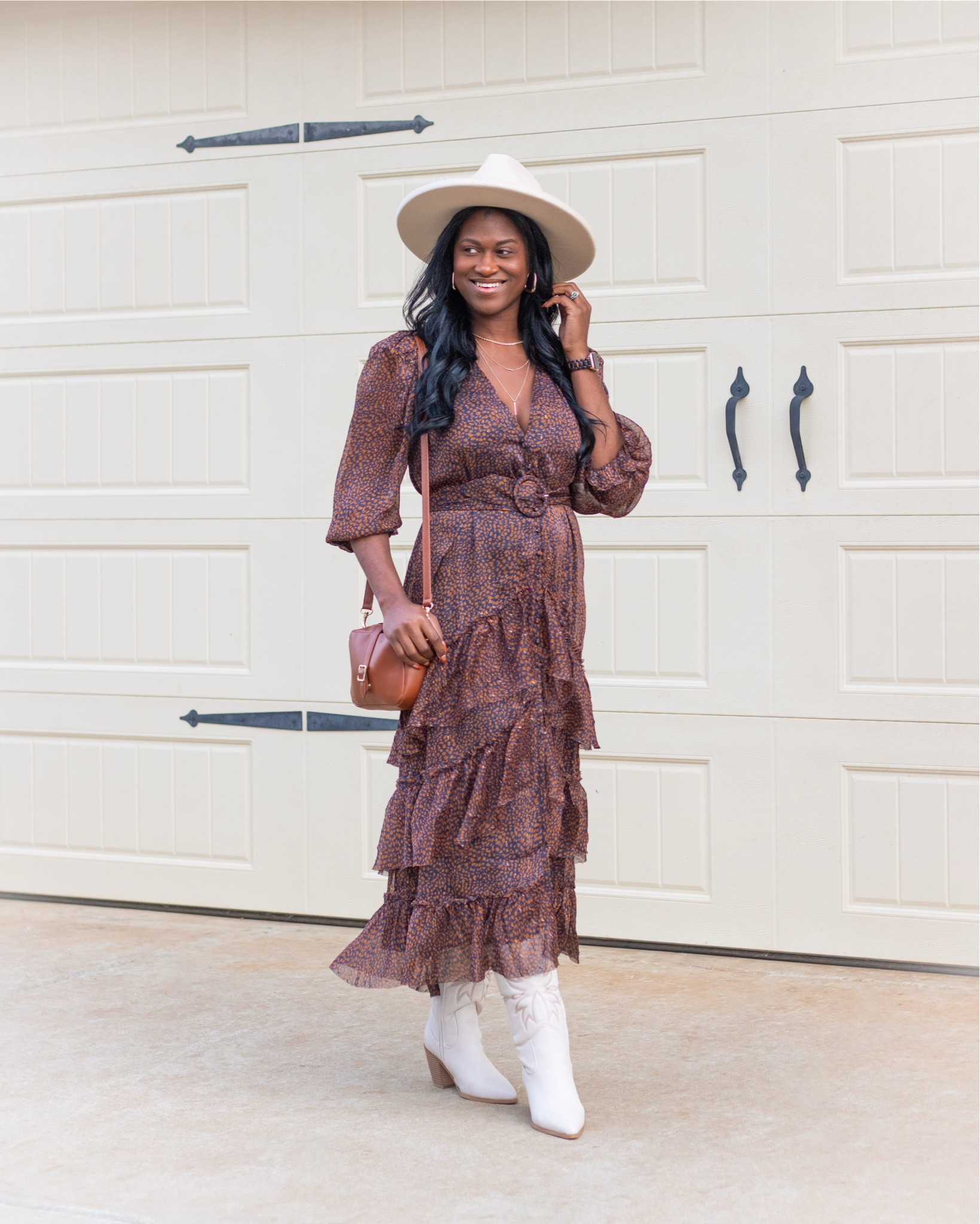 One of my favorite dresses from Few Moda is the Killian dress! It’s a belted maxi dress that has buttons down the front and a ruffled tiered hem. This navy animal print is sold out, but they still have the leopard style that you have seen me wear before, and a gorgeous slate blue! I paired this look with some white western boots and pencil brim hat.

#LTKShoeCrush #LTKMidsize #LTKStyleTip