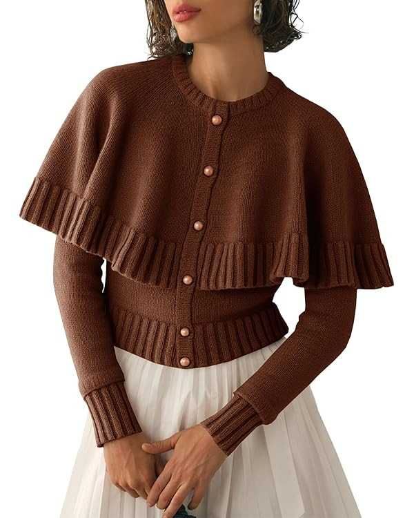 Saodimallsu Womens Cropped Cardigan Sweater Long Sleeve Fall Knit Cape Sweaters Button Up Trendy ... | Amazon (US)