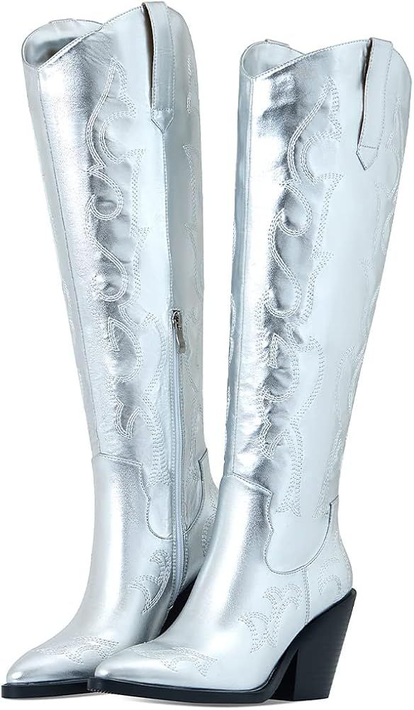 Erocalli Cowboy Boots for Women Cowgirl Knee High Boots Metallic Pull On Almond Toe Boots Embroid... | Amazon (US)