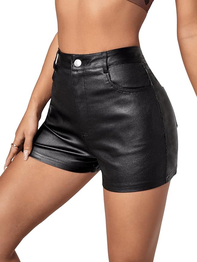 SweatyRocks Women's High Waist Faux Leather Shorts Stretchy Denim Shorts with Pockets | Amazon (US)