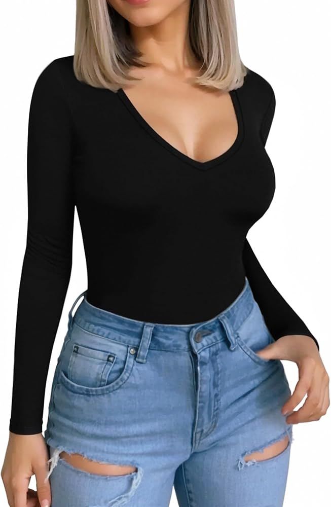 MANGOPOP Women's V Neck Short Sleeve Long Sleeve Slim Fit T Shirt Tunic Tops Tee | Amazon (US)
