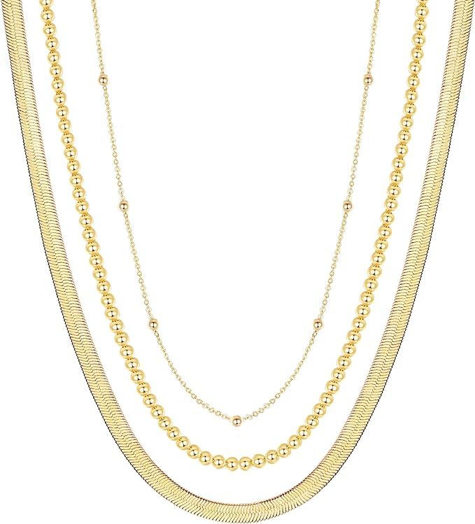 Wowshow Layered Necklaces for Women,Gold Herringbone Necklace Set Snake Chain Necklace 14K Gold P... | Amazon (US)