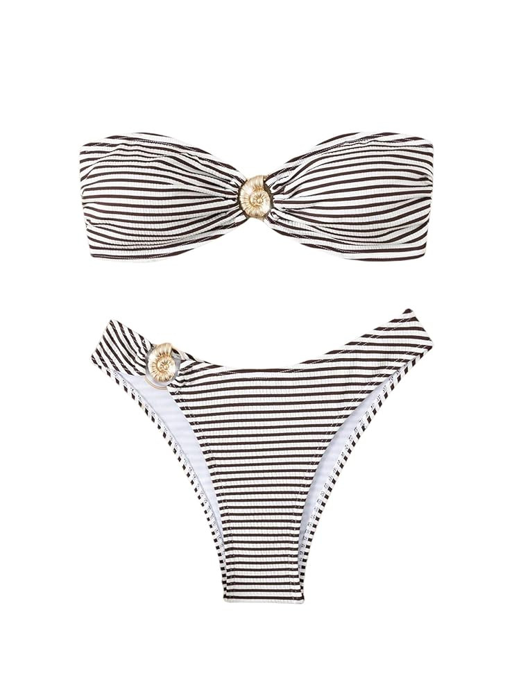 Women's 2 Piece Strapless Striped Bikini Sets Tie Backless Bandeau Bra Bathing Suit Boho Swimsuit | Amazon (US)