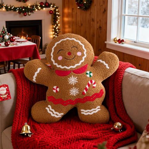 Lanpn Christmas Gingerbread Girl Pillow, Christmas Decoration Winter Throw Pillows Soft Fleece Sherpa Cute 3D Shaped Ginger Bread Lady Throw Cushion for Sofa Bedroom Xmas Decor (18x19 inch) | Amazon (US)