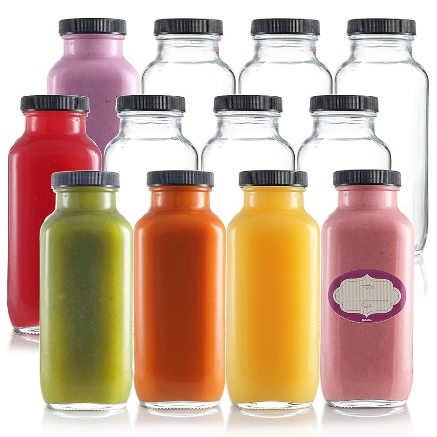 DilaBee 12-Pack Glass Juice Bottles with Lids - 16 oz Glass Bottles with Lids for Juice, Smoothie... | Amazon (US)