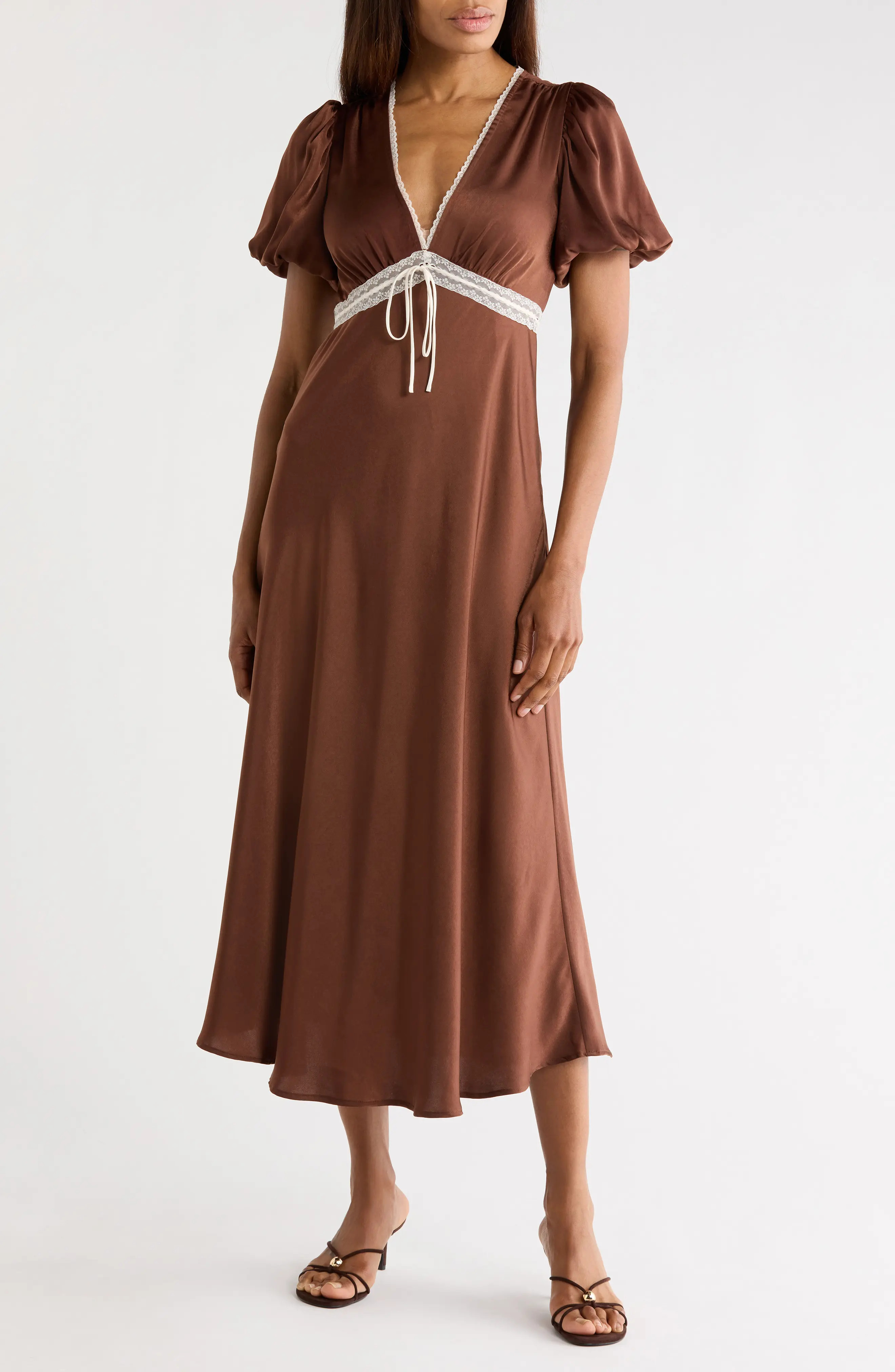 WAYF Lace Trim Puff Sleeve Midi Dress in Blue at Nordstrom Rack, Size X-Large | Nordstrom Rack