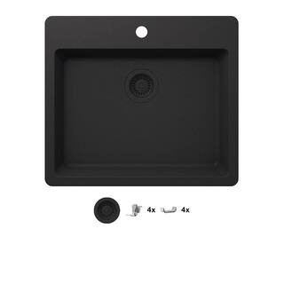 Stonehaven 25 in. Drop-In Single Bowl Black Onyx Granite Composite Kitchen Sink with Black Strain... | The Home Depot