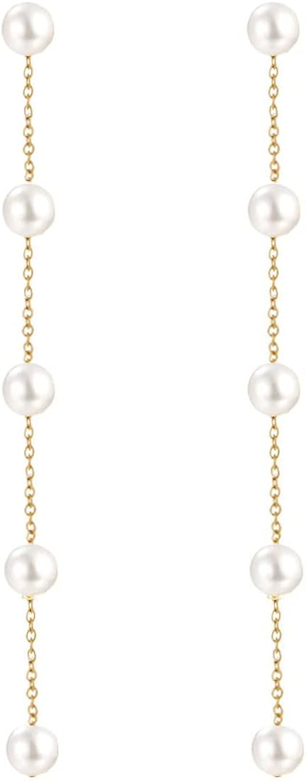 LOKLIFFAI 925 Sterling Silver Threader Earrings Pearl Ball Drop Long Chain Earrings for Women and... | Amazon (US)