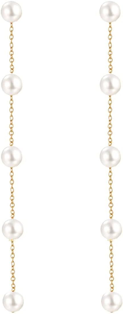 LOKLIFFAI 925 Sterling Silver Threader Earrings Pearl Ball Drop Long Chain Earrings for Women and... | Amazon (US)
