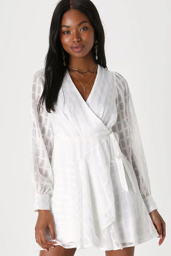 Adorable Impulse White Lurex Burnout Wrap Mini Dress | Lulus (US)