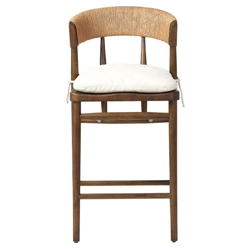 Tanner Updated Traditional Cream Performance Brown Oak Wood Woven Counter Stool | Kathy Kuo Home