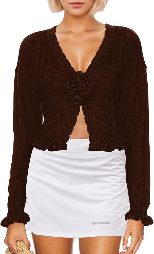 Meladyan Women’s Vintage Flower Slit Sweater Top Sexy Deep V Neck Knit Crop Tops Long Sleeve Y2... | Amazon (US)