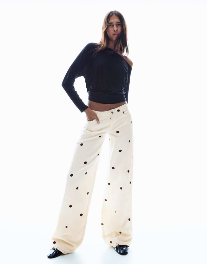 Bershka Wide-leg polka dot jeans in ecru-White | ASOS (Global)