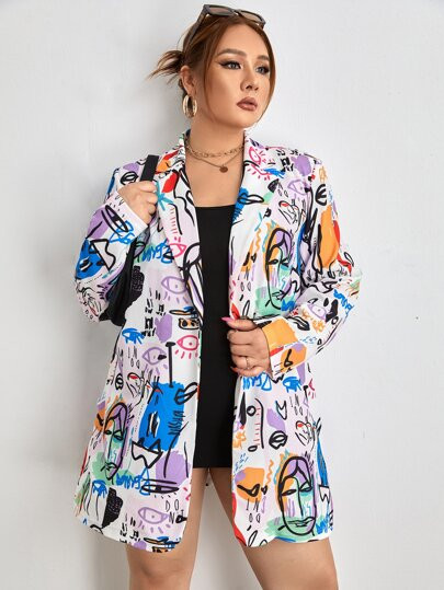 SHEIN Plus Lapel Neck Graffiti Print Single Button Blazer | SHEIN