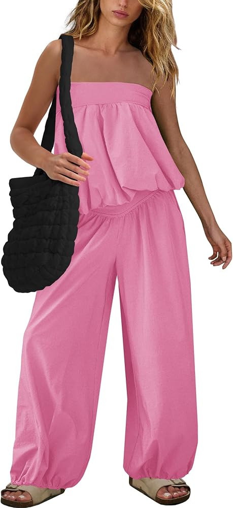 SENSERISE Pants Sets Women 2 Piece Outfits Bubble Off Shoulder Strapless Tube Top Wide Leg Pants ... | Amazon (US)