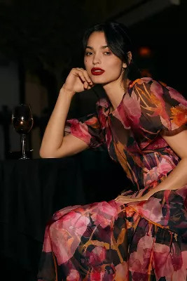 By Anthropologie Puff-Sleeve Organza Midi Dress | Anthropologie (US)