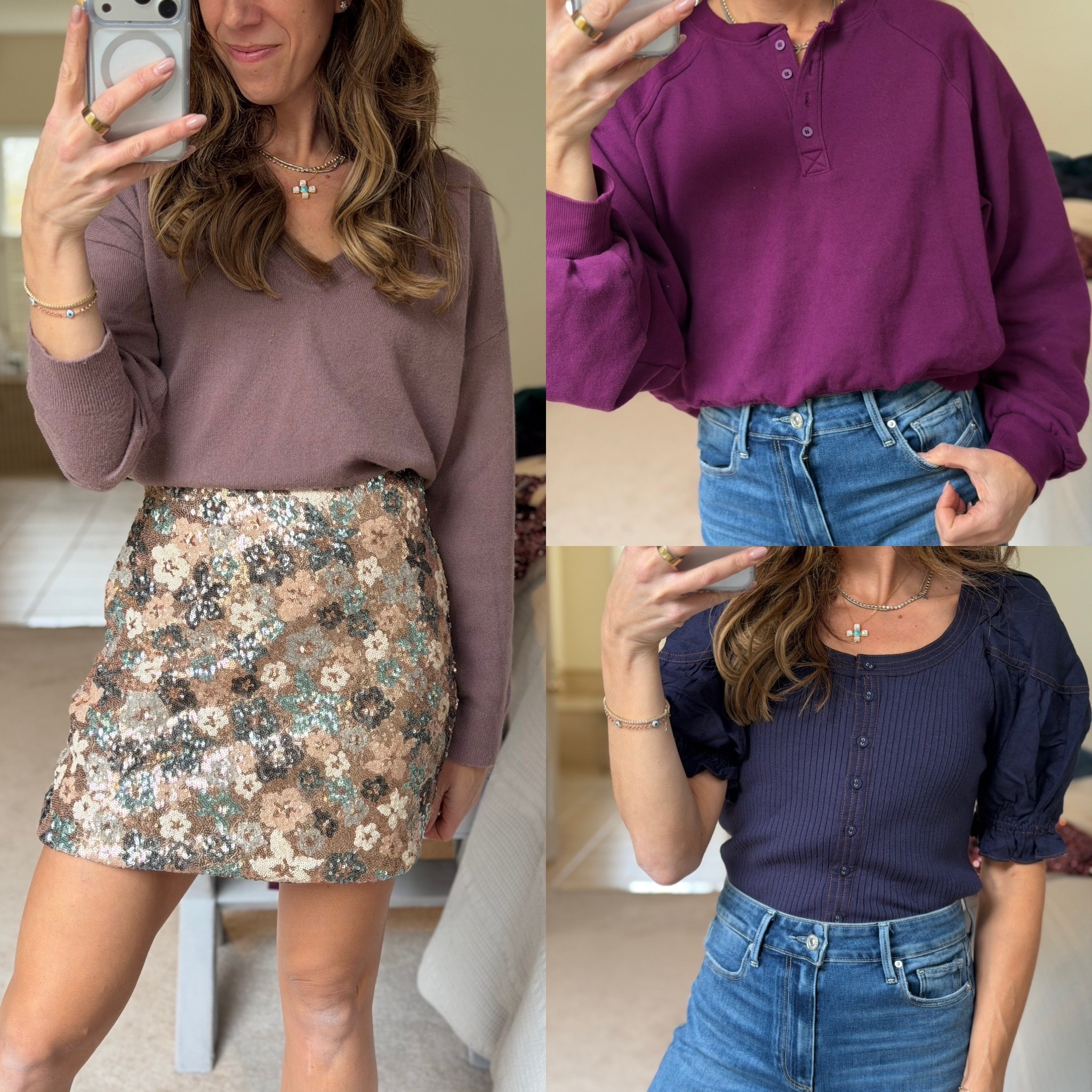 Recent purchases 
Plum sweatshirt 
Sequins skirt soft brown dusty pink 
Blue top 

#LTKFindsUnder100 #LTKStyleTip