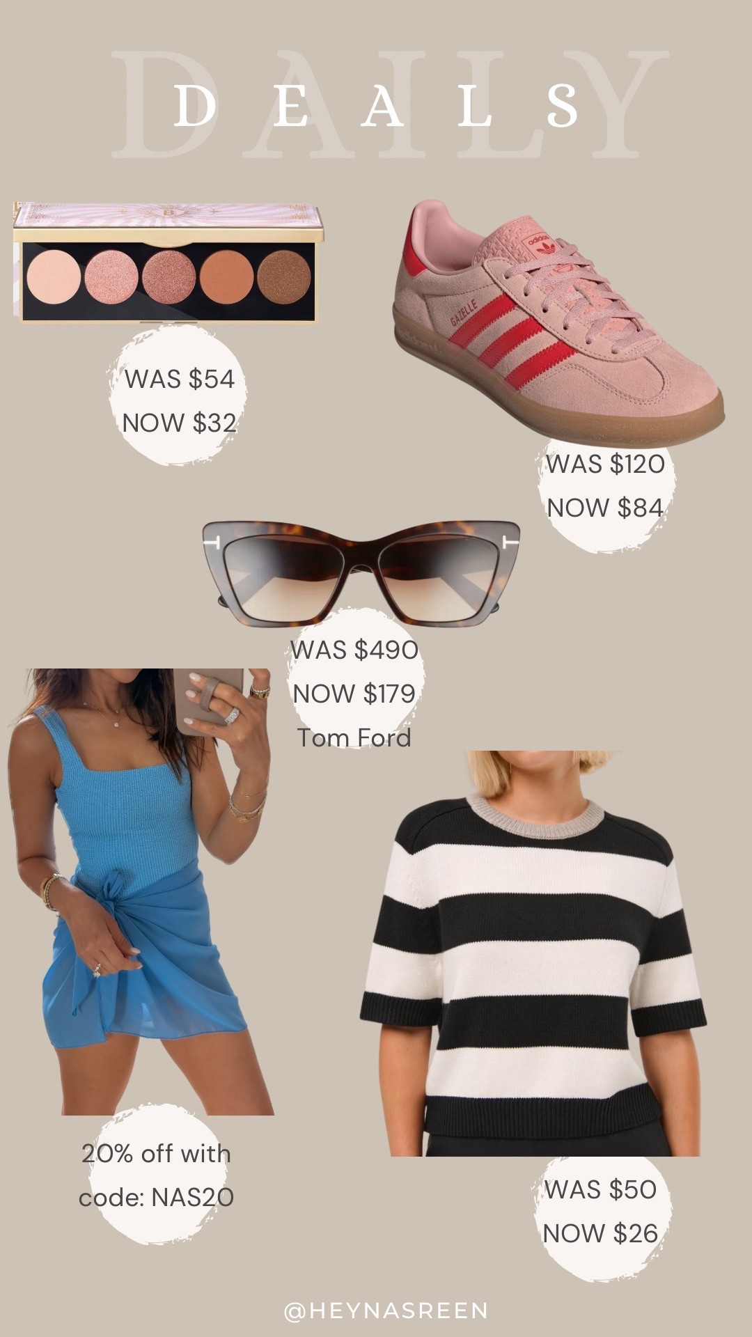 Daily deals on Bobbi Brown eyeshadow palette, Adidas sneakers, Tom Ford sunglasses, Abercrombie sweater top, Show Me Your Mumu swimsuit 