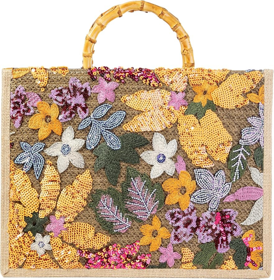 Bamboo Handle Sequin Embroidered Floral Tote Bag Evening Handbag for Wedding Party | Amazon (US)