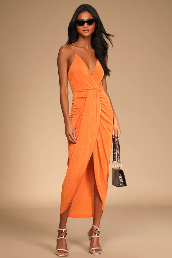 Dreamy Date Orange Surplice Midi Dress | Lulus (US)