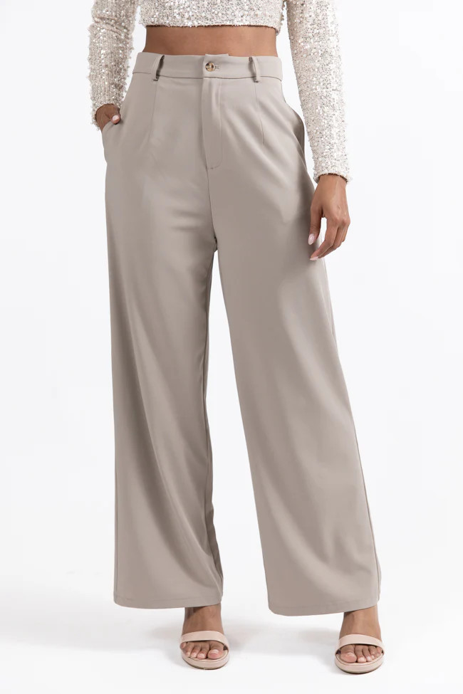 Swept Away With You Taupe Tailored Wide Leg Pants | Pink Lily