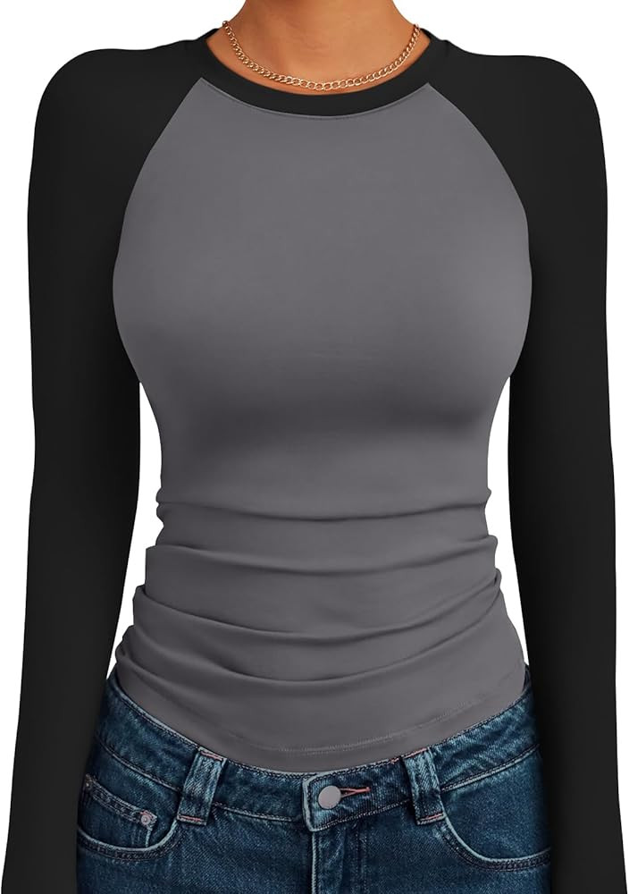 Trendy Queen Women's Long Sleeve Shirts Slim Fit Stretchy Color Block Slightly Cropped Tops | Amazon (US)