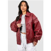 boohoo Women's Petite Pu Contrast Stitch Oversized Bomber Jacket in Red | Size: 10 | Polyurethane | boohoo (US & Canada)