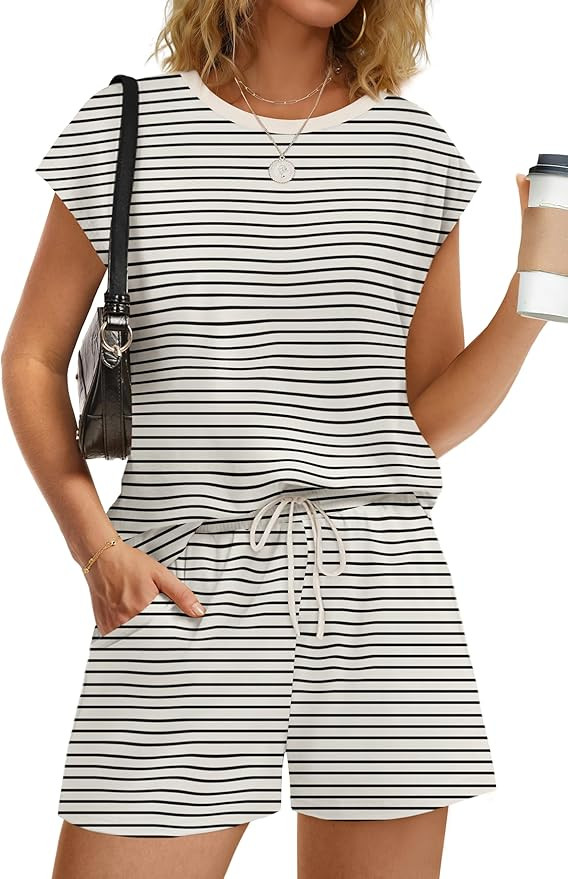 WIHOLL Two Piece Sets for Women Summer Crew Neck Lounge Short Sets Cap Sleeve Drawstring Sweatsui... | Amazon (US)