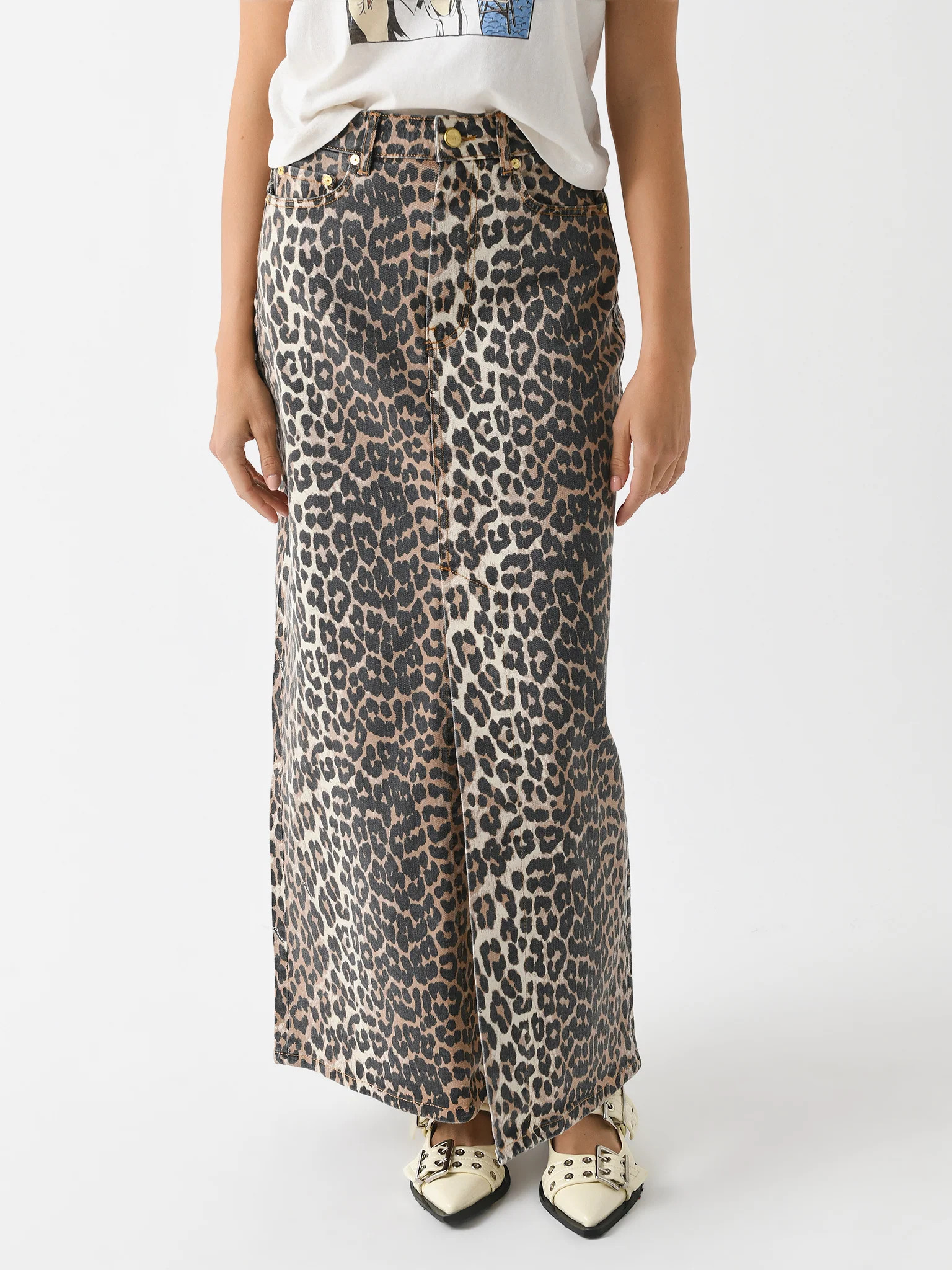 GANNI
                      
                     Women's Printed Denim Maxi Slit Skirt | Saint Bernard