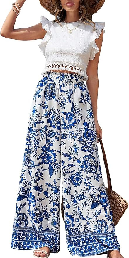 Women's 2 Piece Outfits Boho Floral Round Neck Cap Sleeve Ruffle Tassel Blouse Shirt Crop Top and... | Amazon (US)