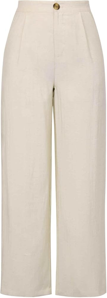 Allegra K Casual Linen Pants for Women Wide Leg High Waist Button Trousers with Pockets | Amazon (US)