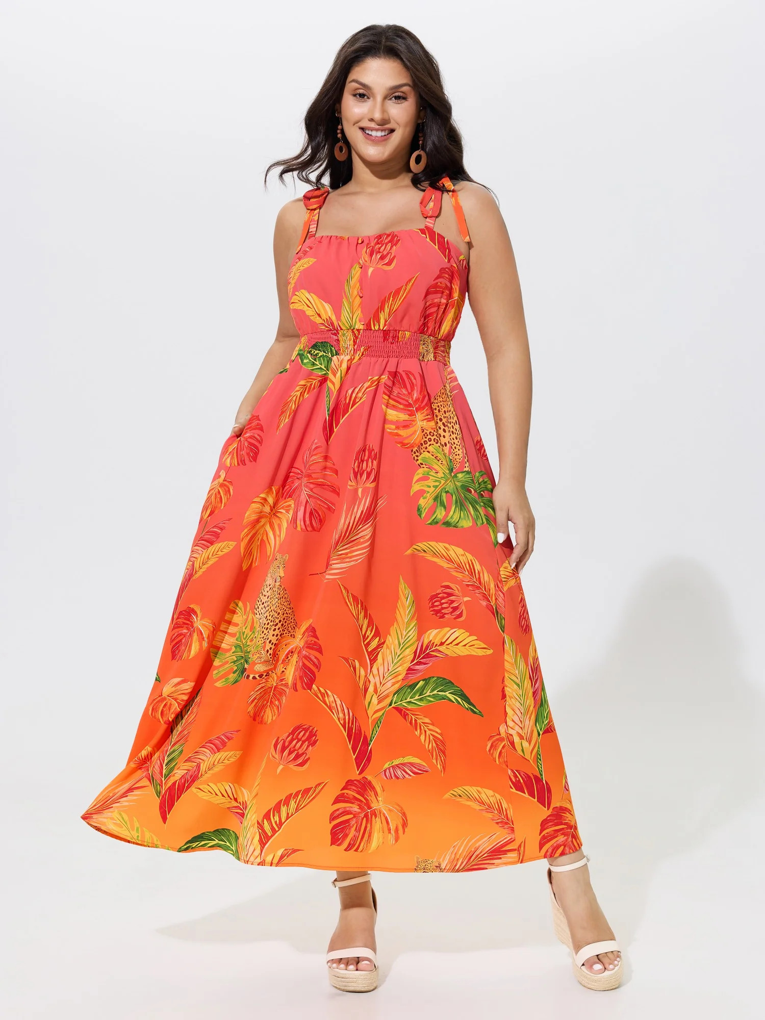 Tropical Leaf Print Shirred Tie Shoulder Maxi Dress | Bloomchic
