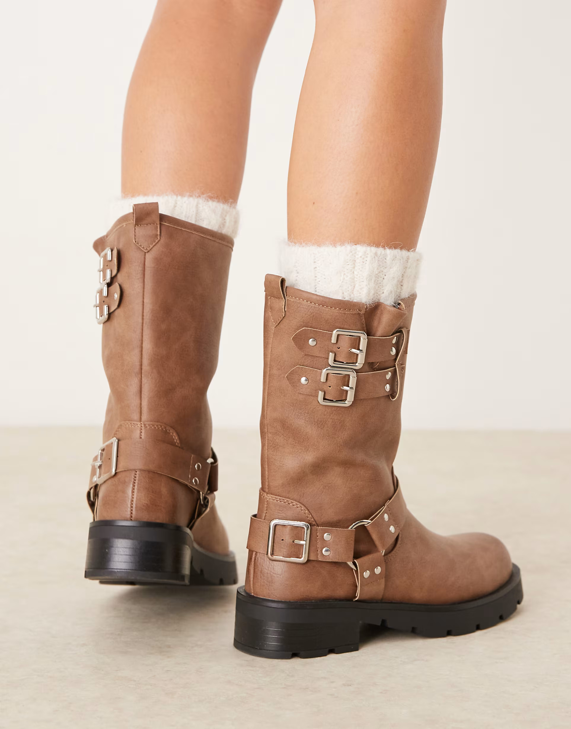 Glamorous Wide Fit harness biker boots in washed beige | ASOS (Global)