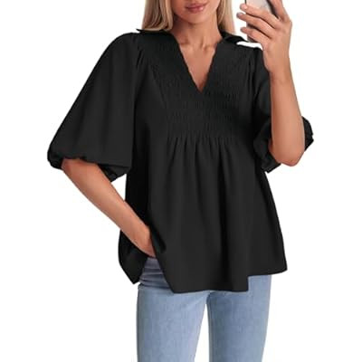 Cicy Bell Womens Summer Puff Sleeve Blouses Smocked V Neck Babydoll Peplum Casual Tunic… | Amazon (US)