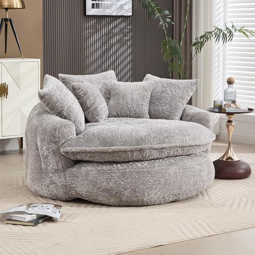 54" Oversized Round Chair Couch Lounge Chaise Indoor, Comfy Boneless Sofa for Living Room, Cloud Large Circle Couch Chair with 5 Pillows, Fluffy Modern Sleeper Sofa Bed for Reading (Light Grey) | Amazon (US)
