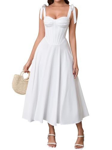 Parthea Summer Floral Corset Midi Dress A Line Tie Bow Straps Wedding Guest Dresses for Women White | Amazon (US)