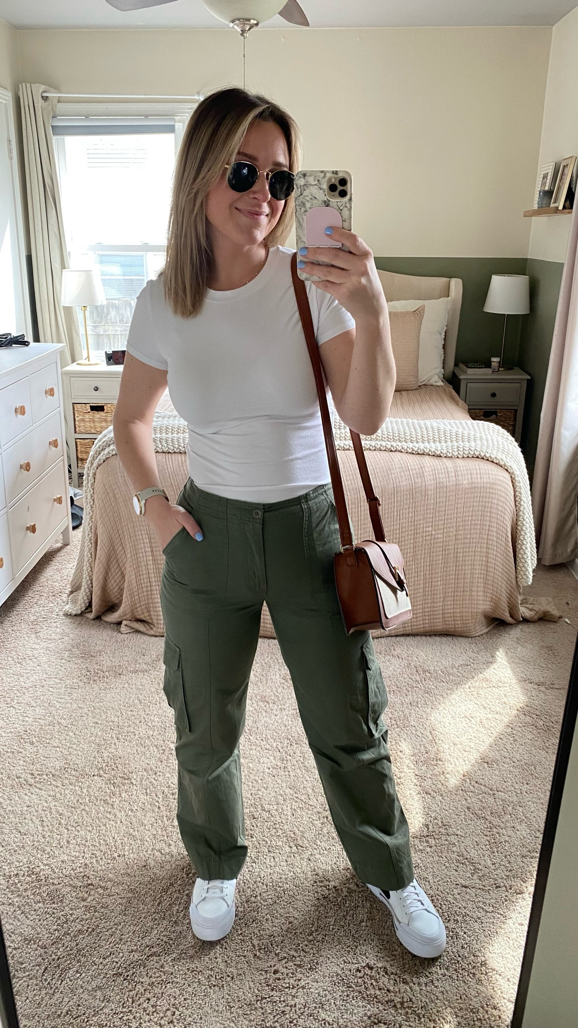 These Abercrombie cargo pants are on sale today!!!! So cute and comfy | Capsule Wardrobe 
.
Green pants, white shirt, t-shirt, white tee, Nike, Nike sneakers 

#LTKfit #LTKsalealert #LTKFind