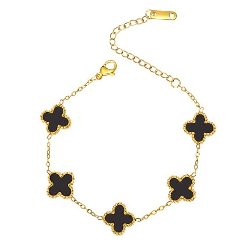 ZORCKIE Gold Clover Bracelet For Women Girls 18K Plated Trendy Bracelet Adjustable Plated Lucky Jewelry Gifts BLACK, Unisex Adult | Amazon (US)