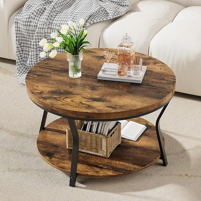 Round Coffee Tables for Living Room, Circle Wood Coffee Table, 2 Tier Industrial Modern Center Ta... | Amazon (US)