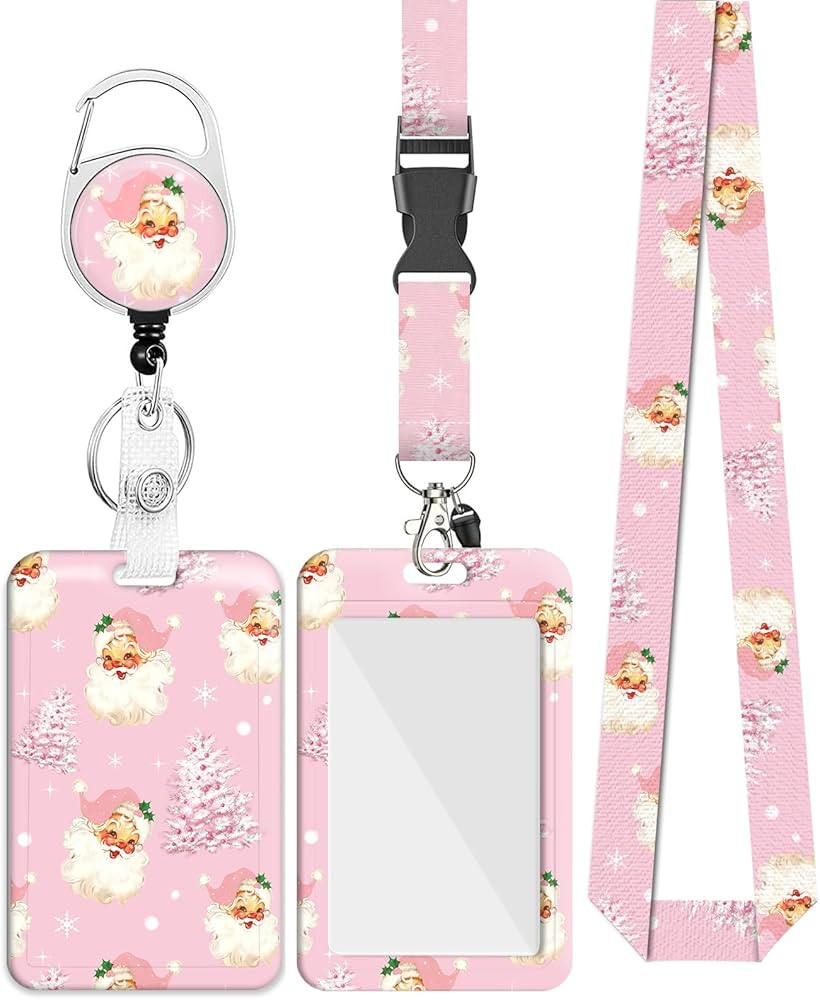 Christmas Badge Holder Retractable Clip with Lanyard Santa Xmas Tree Badge Reel Pink Vertical ID ... | Amazon (US)