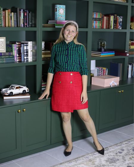 Red & green holiday look. Red tweed skirt, blackwatch plaid blouse button up with ruffle neck. 30% off Sarah flint shoes   

#LTKHoliday
