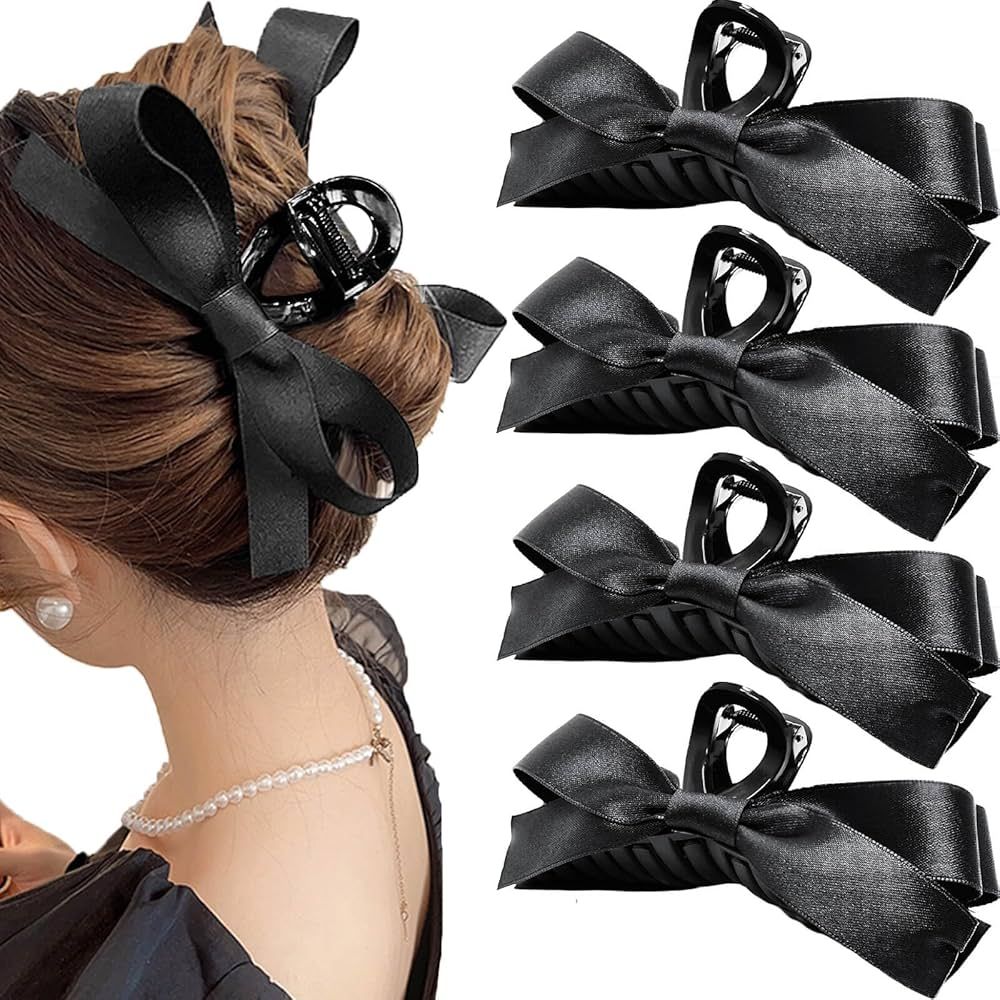 Sizobi 4PCS Bow Claw Clip, 4.3 Inch Big Black Bow Hair Clips for Women,Silky Satin Hair Bows Clip... | Amazon (US)
