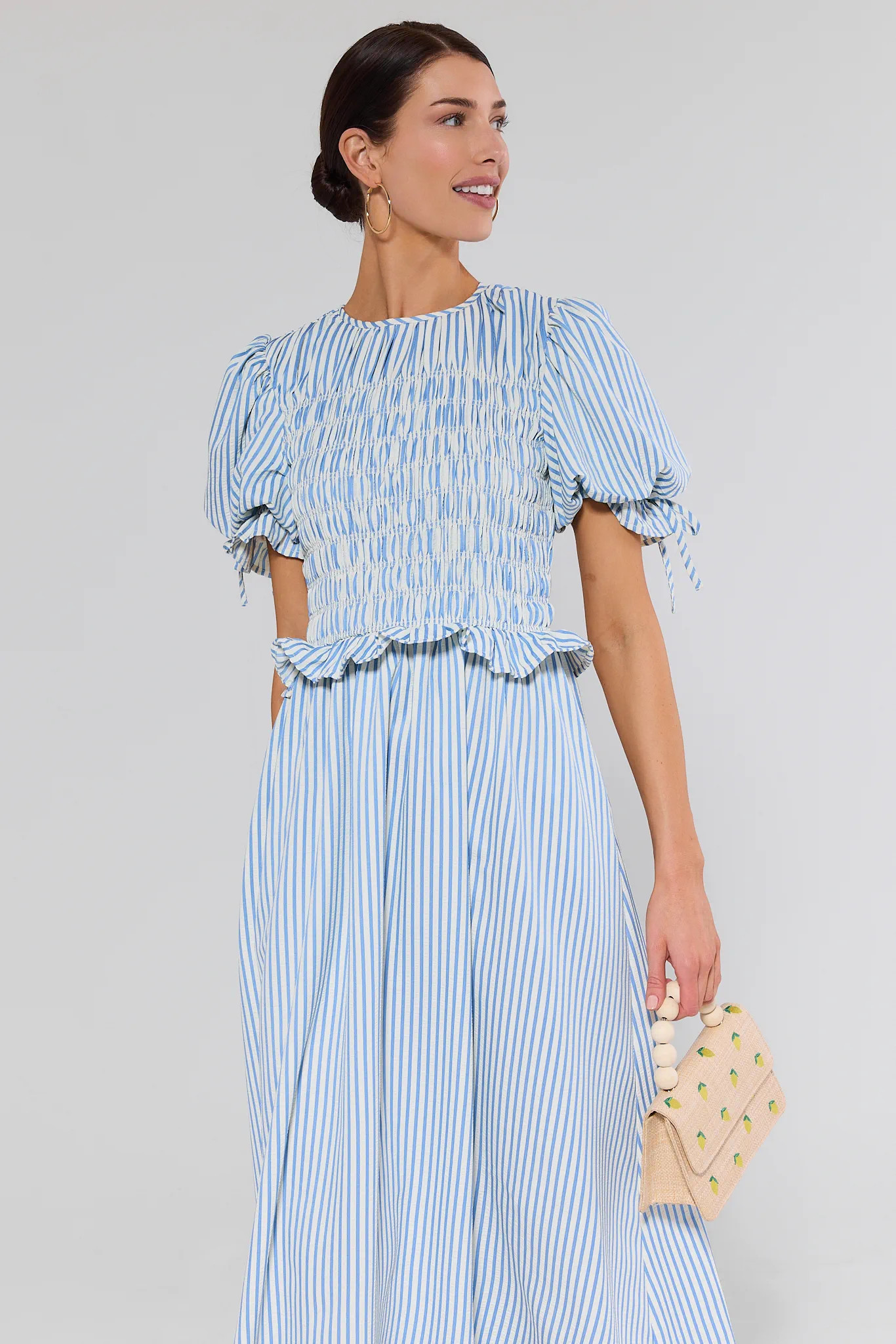 Skylar Blue Striped Smocked Midi Dress | Avara