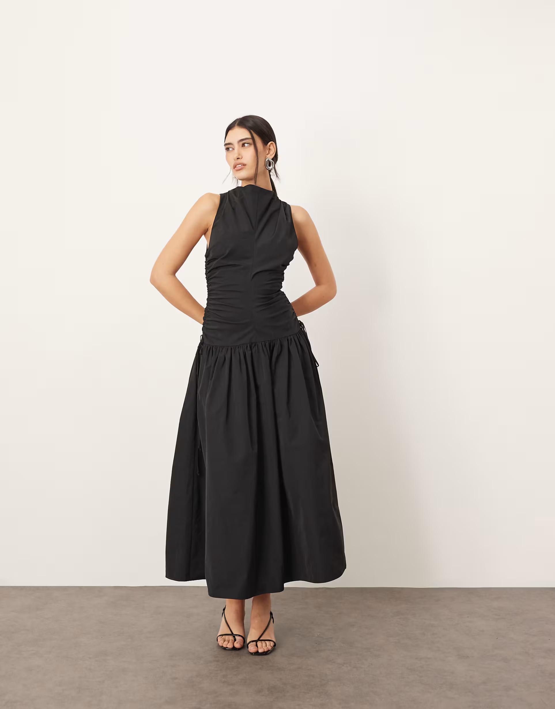 ARRANGE drop waist ruched detail funnel neck maxi dress in black | ASOS (Global)