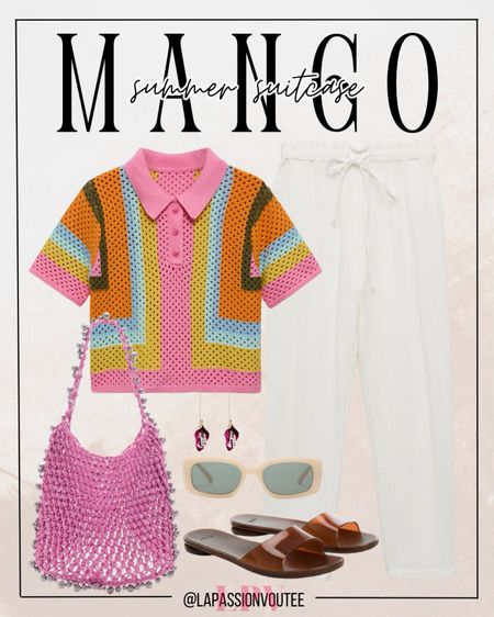 Embrace summer vibes with MANGO's effortlessly cool outfit: a crochet polo shirt teamed with elastic waist cotton pants. Accentuate the look with long earrings and chic sunglasses. Finish with a beaded bag and semi-transparent strap sandals for a breezy, stylish ensemble perfect for any sunny day.

#LTKSeasonal #LTKSummerSales #LTKStyleTip