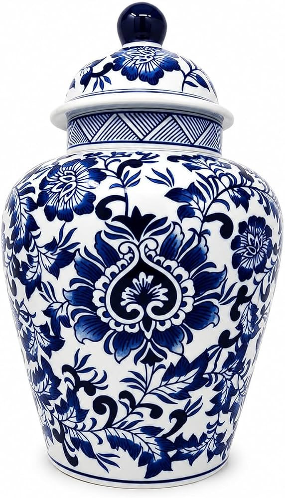 12.5" Blue & White Porcelain Ginger Jar, Floral Temple Vase | Amazon (US)