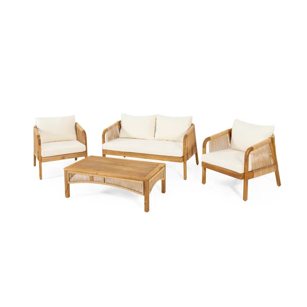 Outdoor Acacia Wood And Wicker Lounge Seating Group with Cushions | Wayfair North America