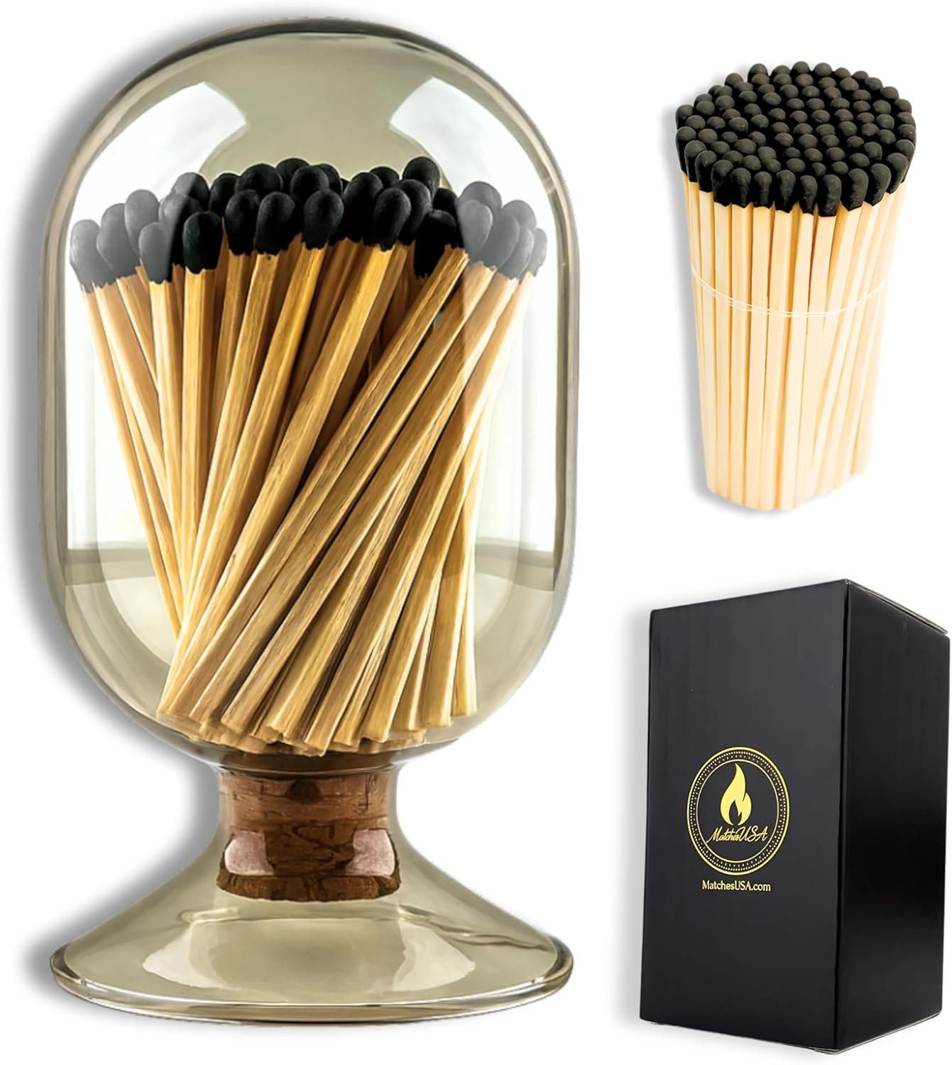 Includes Matches ! | Smoke Gray Glass Matches Cloche | Grey Tinted Decorative Match Holder Jar fo... | Amazon (US)