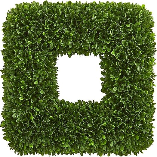 Nearly Natural 17" Tea Leaf Square Wreath UV Resistant Artificial Plant, Green | Amazon (US)